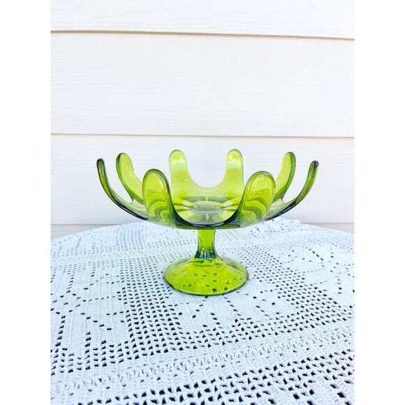 Vintage Viking Green Glass Pedestal Bowl: MCM 8 Petal Dish - Picture 1 of 4